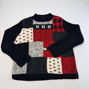 Vintage Liz Claiborne Lizsport Petite rood-zwarte patchwork gebreide trui LSPU3248