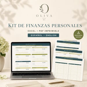 Puede incluir: Un kit de finanzas personales en descarga digital que incluye una laptop con un rastreador de metas de ahorro y hojas impresas con plantillas de presupuesto mensual, metas y reto de 52 semanas. El texto dice OLIVA MX KIT DE FINANZAS PERSONALES.