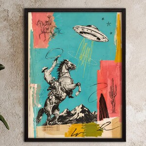 Surreal Cowboy Wall Art, Colorful Western Pop Art Canvas, UFO Horse Rider Poster, Retro Americana Eclectic Home Decor
