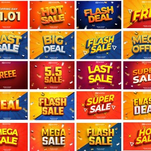 May include: A collection of thirty promotional graphic banners featuring bold, three-dimensional text in yellow, white, and orange. The designs include phrases like GET FREE, HOT SALE, FLASH DEAL, LAST SALE, BIG DEAL, MEGA OFFER, and various date-based sales.