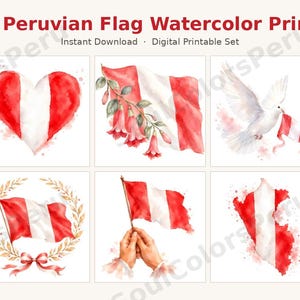 Puede incluir: Un conjunto digital de 10 impresiones en acuarela de la bandera peruana con varios diseños, incluyendo una bandera en un mástil, una forma de corazón, acentos florales, una paloma, un paisaje montañoso, la palabra Peru, una corona de laurel, manos sosteniendo una bandera y un mapa.