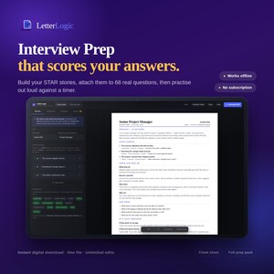 May include: A digital tablet displays the LetterLogic interface for interview preparation, featuring a Senior Project Manager resume document. The screen shows text, navigation menus, and a timer. The background is a dark purple gradient with white text.