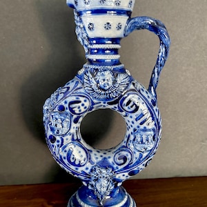 Antique German Westerwald Salt Glazed Stoneware Ring Jug, 19th Century Cobalt Blue Ringkrug Doughnut Ewer, Bacchus & Cherub Relief, 8.5"
