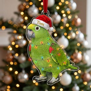 May include: A clear acrylic Christmas ornament shaped like a green parrot wearing a red and white Santa hat with the name Tom printed on the brim. The parrot is wrapped in a string of colorful miniature Christmas lights with a red ribbon loop.