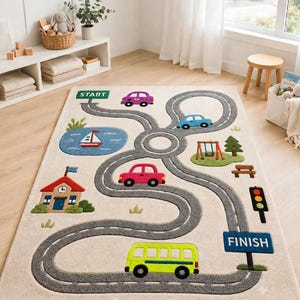 Hand Tufted Kids Road Map Rug, Playroom Car Track Carpet, Nursery Decor
