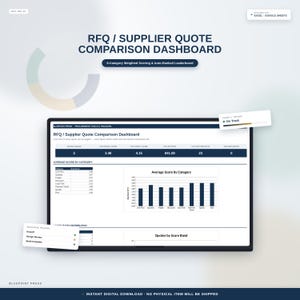 Painel de comparação de RFQs | Planilha Excel para rastreamento de orçamentos de fornecedores | Planilha de avaliação de preços e propostas de fornecedores | Download imediato