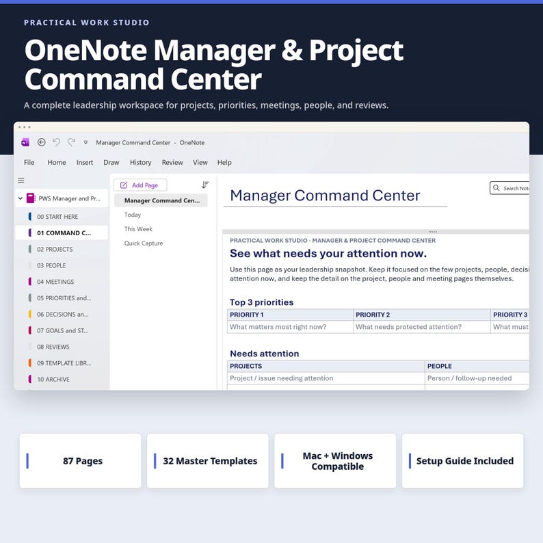 Project Management Table Through Onenote Onenote Template for Managers | Project Management System | Leadership ...