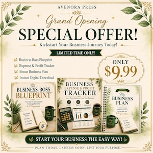 May include: A digital product bundle from Avenora Press featuring the Business Boss Blueprint, Business Expense & Profit Tracker, and a Bonus Business Plan. The promotional graphic includes text, green leaf accents, and a price of $9.99.