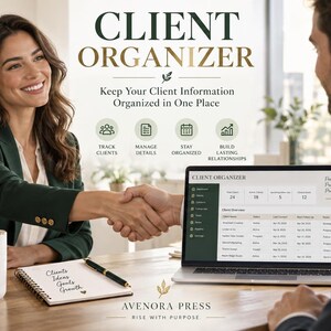 Puede incluir: Una interfaz de software organizador de clientes mostrada en la pantalla de una computadora portátil, con un panel para rastrear detalles, proyectos y progreso. La pantalla muestra columnas para nombres de clientes, estado y fechas con el título Client Organizer.