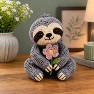 Puede incluir: Un peluche de perezoso tejido a ganchillo en color gris con cara color crema, parches oculares de color marrón oscuro y nariz negra. El perezoso sostiene entre sus brazos tejidos una pequeña flor rosa con centro amarillo y tallo verde.
