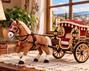 Puede incluir: Un caballo de ganchillo marrón con crin y cola blancas, con un arnés rojo y dorado, tirando de un carruaje de ganchillo detallado en rojo y marrón. El carruaje tiene un techo rojo con borlas blancas, dos farolillos pequeños y ruedas.