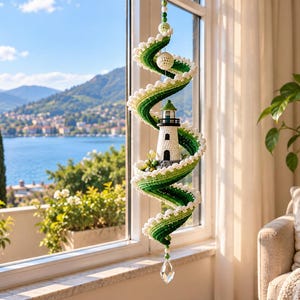 Lighthouse Crochet Wind Spinner Pattern, Coastal Spiral Mobile (PDF Download)