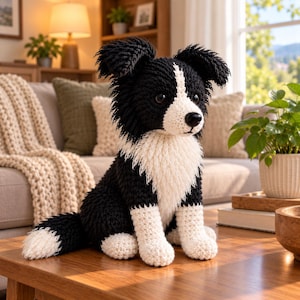 Peut inclure: Une peluche crochetée représentant un chien border collie noir et blanc. Le jouet présente un corps noir texturé avec un poitrail blanc, des pattes blanches et une queue à bout blanc. Il possède des yeux sombres et un museau noir, assis.