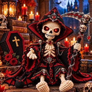 Könnte beinhalten: Eine gehäkelte Skelettfigur in einem schwarz-roten Kapuzenumhang, die eine mit Totenköpfen verzierte Sense hält. Die Figur hat leuchtend rote Augen, einen Pentagramm-Gürtel und sitzt neben einem gehäkelten Sarg mit goldenem Kreuz und roten Rosen.