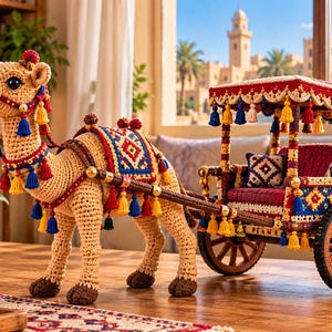 May include: A crocheted camel figurine in tan yarn with dark brown hooves, adorned with a colorful harness and saddle featuring red, blue, and yellow tassels. It pulls a matching two-wheeled carriage with a canopy, red seating, and decorative trim.