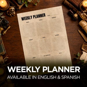 May include: A weekly planner sheet with a vintage-style parchment texture, featuring black printed text and lines for each day of the week from Monday to Sunday, plus sections for top priorities and notes, with the header WEEKLY PLANNER.