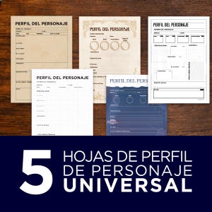 Puede incluir: Cinco hojas de perfil de personaje distintas con el texto PERFIL DEL PERSONAJE en la parte superior. Las hojas incluyen varios diseños con campos para nombre, clase, nivel, personalidad y apariencia, en papel de color beige, blanco y azul oscuro.
