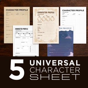 Puede incluir: Cinco hojas de perfil de personaje distintas para juegos de rol. La colección incluye una hoja de estilo pergamino bronceado, una hoja blanca con líneas de cuadrícula, una hoja blanca con cajas negras, una hoja crema con bordes ornamentados y una azul oscuro con nubes.