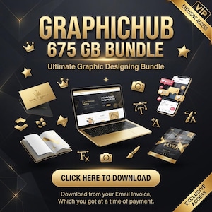 May include: A digital graphic design bundle advertisement featuring the text GRAPHICHUB 675 GB BUNDLE, Ultimate Graphic Designing Bundle, and CLICK HERE TO DOWNLOAD. Includes a gold laptop, open book, smartphone, and various gold icons on a black background.