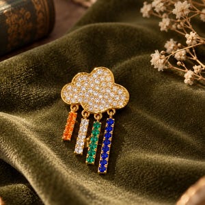 May include: A gold-toned brooch shaped like a cloud covered in clear white crystals. Four dangling rectangular charms hang from the bottom, each set with a row of coloured crystals in orange, white, green, and blue, creating a rain effect.