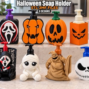 May include: Eight Halloween soap holders with pump dispensers. Designs include a ghost mask, orange pumpkins, a mummy, a burlap sack character, and a skull face. Text at the top reads Halloween Soap Holder and STL 3MF FILES 8 DESIGNS.