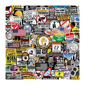 May include: A collection of assorted vinyl stickers featuring various humorous, patriotic, and industrial-themed graphics and text. The designs include skulls, American flags, tools, and slogans like 'I Welded It Helded' and 'Bad Ass In Charge'.