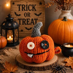 Peut inclure: Une citrouille orange crochetée avec une tige grise, dotée d'un œil en bouton blanc, d'un œil en bouton noir et d'une bouche noire brodée avec une seule dent blanche. La citrouille présente une petite boucle crochetée sur le côté.