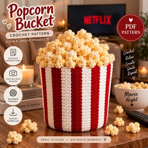 Crochet Popcorn Bucket Pattern, Movie Night Decor PDF, Popcorn Crochet Pattern, Digital Download