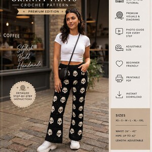 Peut inclure: Un guide de modèle de crochet numérique pour un pantalon à motifs de crânes. Le document affiche le texte Skull Granny Pants, Premium Edition, et une liste de tailles du XS au XXL avec des tours de taille de 26 à 42 pouces. Il comprend des icônes pour un tutoriel étape par étape, un PDF imprimable, un téléchargement instantané, et des détails techniques comme du fil de poids moyen et un crochet de 5,0 mm.