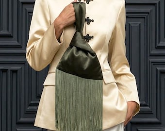 Olive Green Fringe Handbag, Satin Japanese Long Tassel Knot Bag, Bridesmaid Wedding Purse, Sage Green Evening Clutch, Bridesmaid Gift