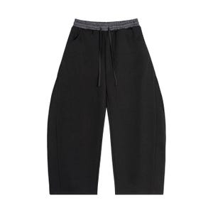 May include: Black wide-leg trousers featuring a high-waisted design with a grey and white checkered elastic waistband. The pants include two side pockets and a matching black drawstring cord centered at the front waistline.