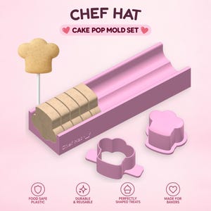 Könnte beinhalten: Ein rosa Cake-Pop-Formen-Set mit der Aufschrift CHEF HAT CAKE POP MOLD SET. Das Set enthält eine lange rechteckige Form, zwei Ausstechformen in Kochmützenform und einen fertigen Cake-Pop in Kochmützenform am Stiel. Symbole zeigen Materialeigenschaften.
