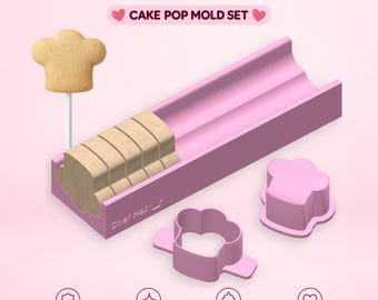 May include: A pink cake pop mold set labeled CHEF HAT CAKE POP MOLD SET. The set includes a long rectangular mold, two chef hat-shaped cutters, and a finished chef hat-shaped cake pop on a stick. Icons indicate food safe plastic and durability.