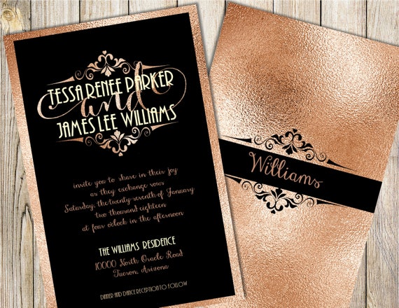 Black and Rose Gold Wedding Invitation Black Wedding Etsy