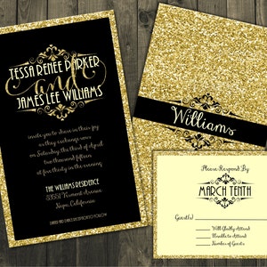 Black and Gold Wedding Invitation, Wedding Invitations, Glitter Wedding Invitations, Gold Glitter Wedding Invitations