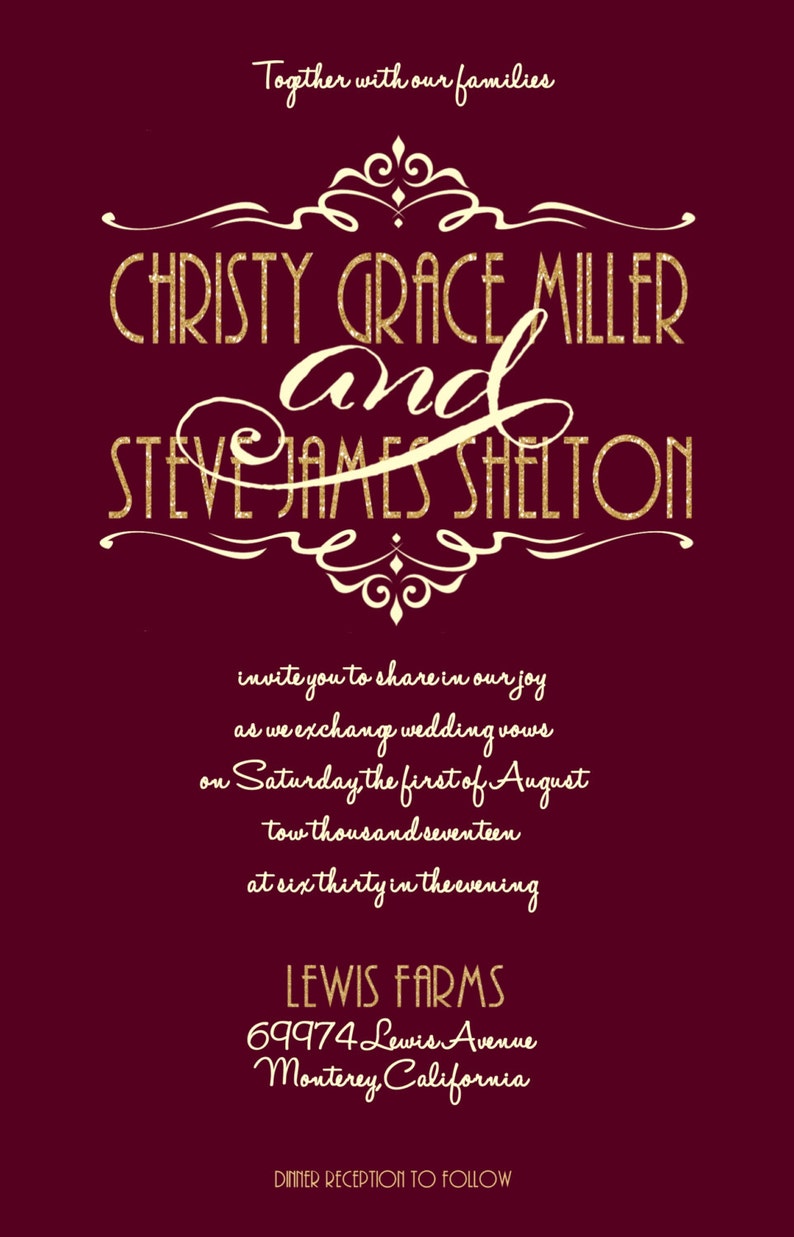 Maroon and Gold Wedding Invitations Gold Glitter Wedding Etsy