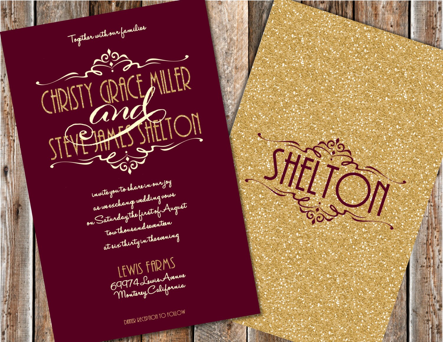 Maroon And Gold Wedding Invitations Gold Glitter Wedding Etsy