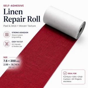 Puede incluir: Un rollo de reparación de lino autoadhesivo en color rojo intenso con textura tejida. El rollo mide 7,6 por 200 cm. El texto en la imagen incluye Self-Adhesive, Linen Repair Roll, Peel & Stick, Woven Texture, Strong Adhesion, Easy to Cut y Size 7.6 x 200 cm.