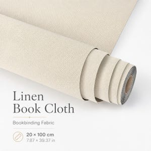 May include: A roll of beige linen book cloth with a textured surface. The text on the image reads: Linen Book Cloth, Bookbinding Fabric, 20 x 100 cm, 7.87 x 39.37 in. The fabric is tightly wound around a central core, showing a consistent weave.
