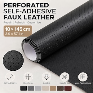 May include: A roll of black perforated self-adhesive faux leather measuring 3.9 by 57.1 inches. The material features a textured surface with small holes and is displayed with icons indicating it is self-adhesive, breathable, durable, and easy to cut.