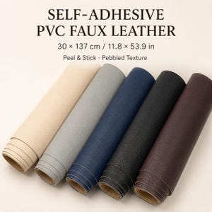May include: Five rolls of self-adhesive PVC faux leather with a pebbled texture, measuring 11.8 x 53.9 inches. The rolls are arranged in a row and feature colors including beige, light gray, navy blue, black, and dark brown.