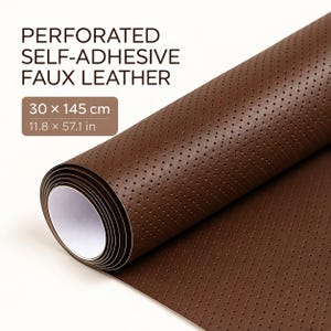 May include: A roll of brown perforated self-adhesive faux leather measuring 30 x 145 cm or 11.8 x 57.1 inches. The material features a consistent pattern of small, evenly spaced holes across its surface, with a smooth, dark brown finish.