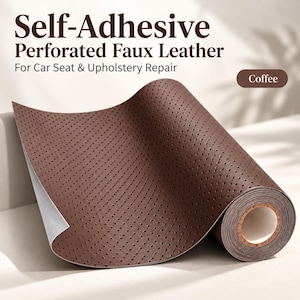 May include: A roll of coffee-colored self-adhesive perforated faux leather with a textured surface. The text on the image reads: Self-Adhesive Perforated Faux Leather For Car Seat & Upholstery Repair, and a small label indicates the color Coffee.