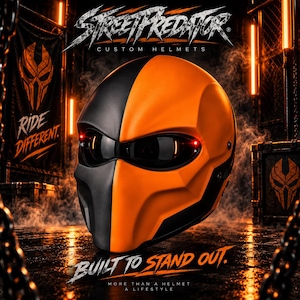 May include: A motorcycle helmet featuring a split design with one side in matte black and the other in bright orange. The helmet has a dark tinted visor with integrated red LED lights. Text on the helmet display reads STREETPREDATOR CUSTOM HELMETS.