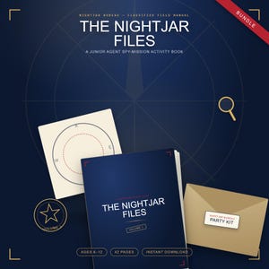 Peut inclure: Un ensemble numérique comprenant le livre d'activités The Nightjar Files, une page sur le thème de la boussole et une enveloppe beige étiquetée Party Kit. La couverture bleu foncé affiche le titre, Volume 1, et 42 pages pour les 6-12 ans.