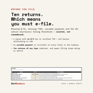 Puede incluir: Un documento informativo titulado BEFORE YOU FILE con texto negro sobre fondo crema. Describe los requisitos fiscales, incluido el umbral de diez declaraciones, problemas de W-9 y TIN, e incluye una tabla etiquetada como FLAGS con columnas.