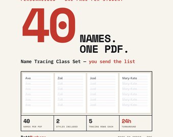 Hojas de trabajo personalizadas para practicar la escritura de nombres, juego para toda la clase / Un PDF, una página por alumno / Incluye versiones en letra de imprenta y cursiva / Hasta 40 nombres