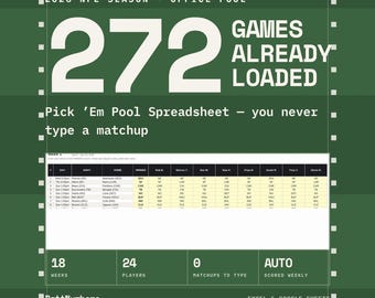 Hoja de cálculo para quinielas de la NFL 2026 / Quiniela de oficina, calendario precargado / puntuación automática, clasificaciones semanales, desempate / Excel y Google Sheets