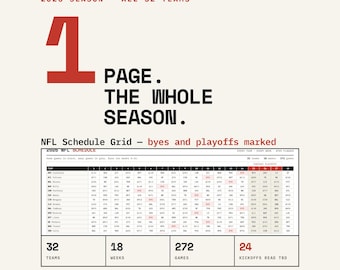 Harmonogram NFL na rok 2026 do druku w formacie PDF | Wszystkie 32 drużyny na jednej stronie, wolne miejsca zaznaczone | Oznaczone tygodnie 15–17 play-offów fantasy | Godziny rozpoczęcia meczów w czasie ET