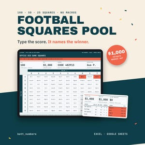 May include: A digital football squares pool template for Excel and Google Sheets. The interface displays a grid with names, scores, and payout information, including a $1,000 payout circle. The text reads Football Squares Pool, Type the score. It names the winner, and Office Big Game Squares.
